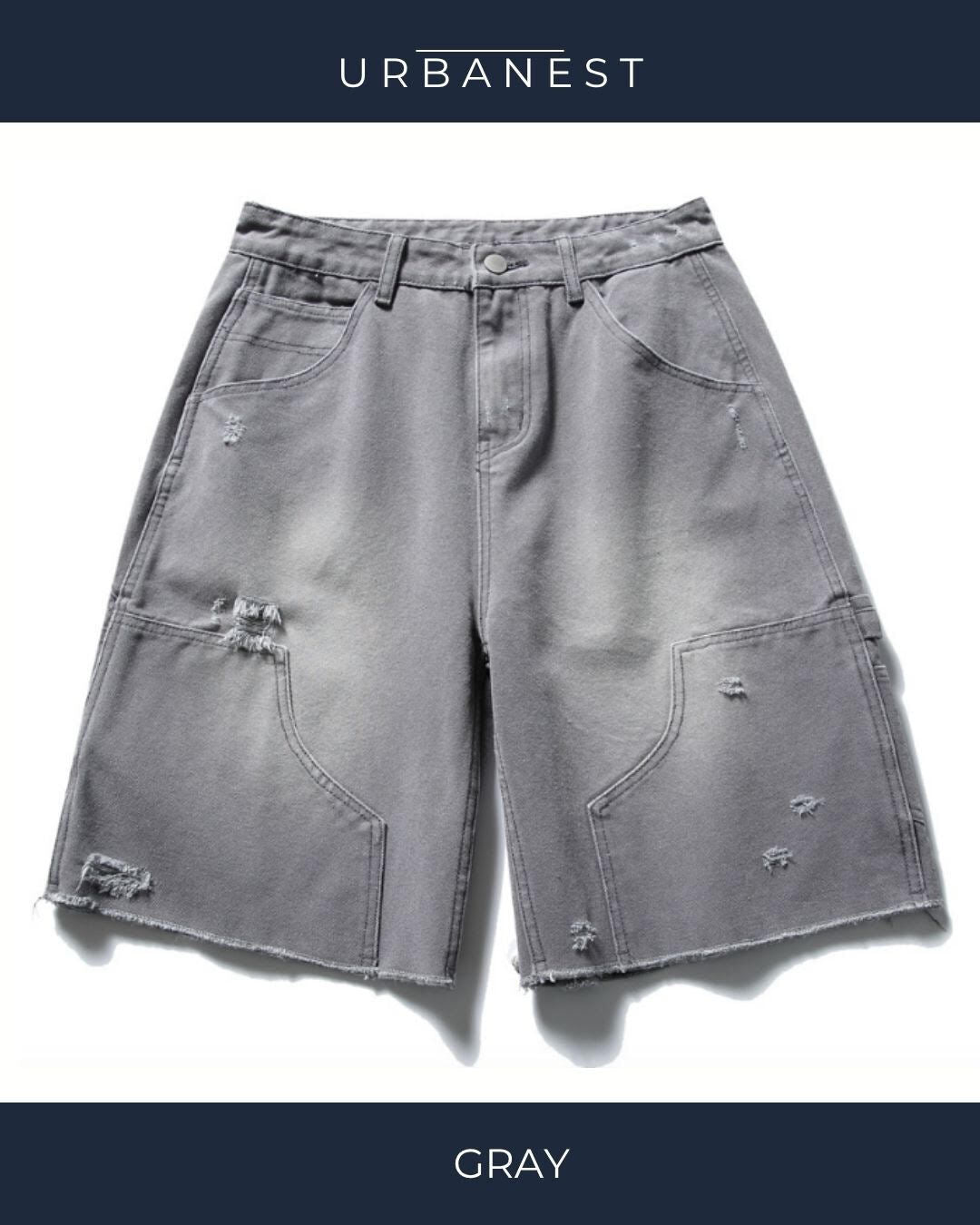 【URBANEST】ダメージ加工ダブルニーカットオフデニムバギーショーツ 3color UN0092