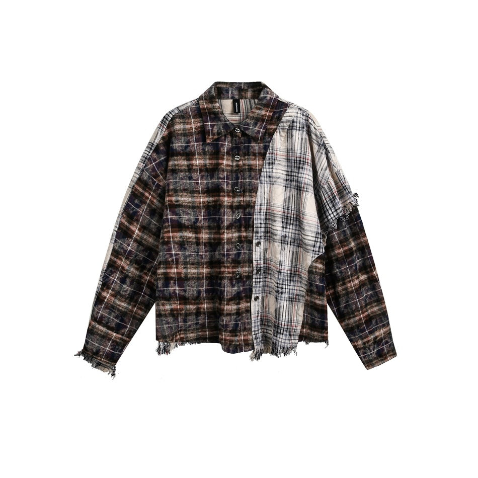 【URBANEST】patchwork plaid raw hem long sleeve shirt 1color 【UN0224】