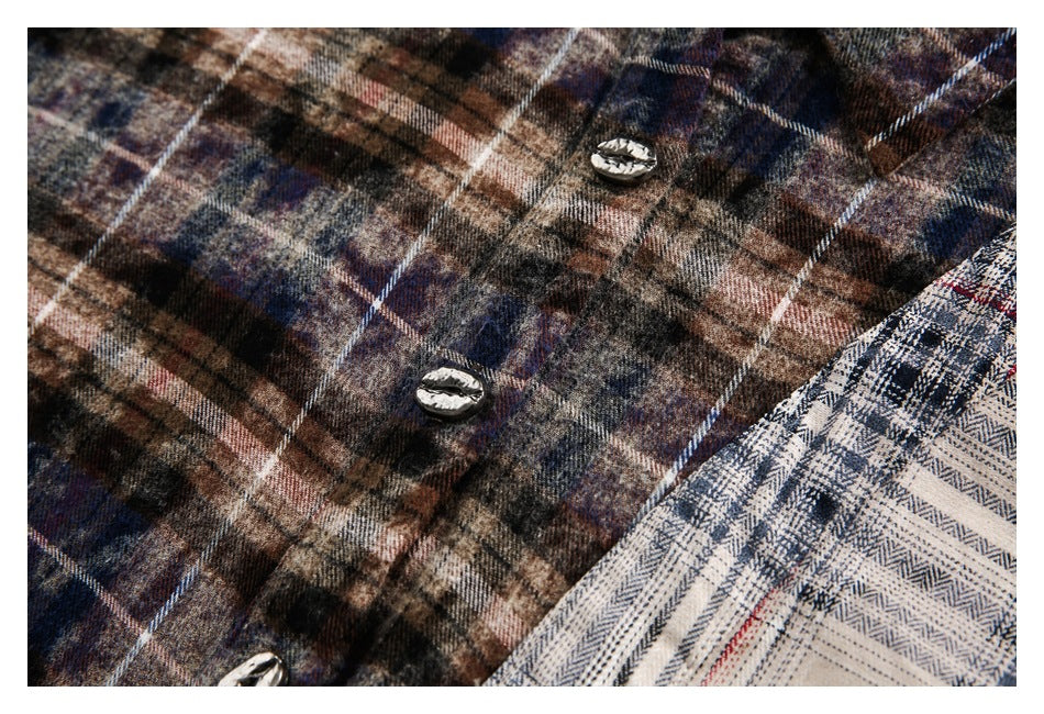 【URBANEST】patchwork plaid raw hem long sleeve shirt 1color 【UN0224】