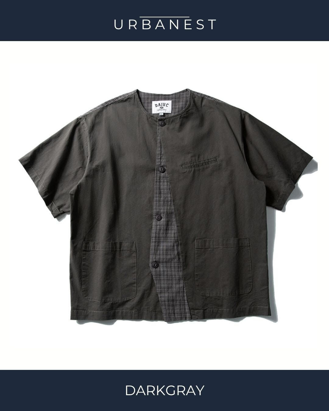 【URBANEST】チェック柄切り替えノーカラー半袖シャツ 2color UN0089