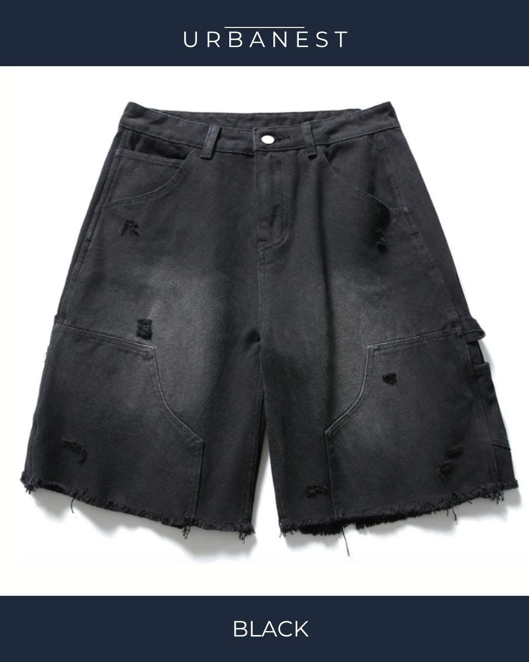 【URBANEST】ダメージ加工ダブルニーカットオフデニムバギーショーツ 3color UN0092