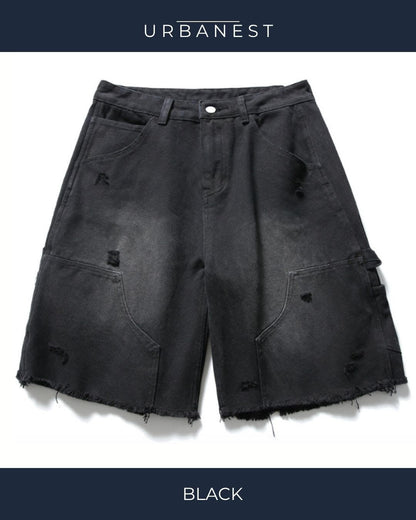 【URBANEST】ダメージ加工ダブルニーカットオフデニムバギーショーツ 3color UN0092