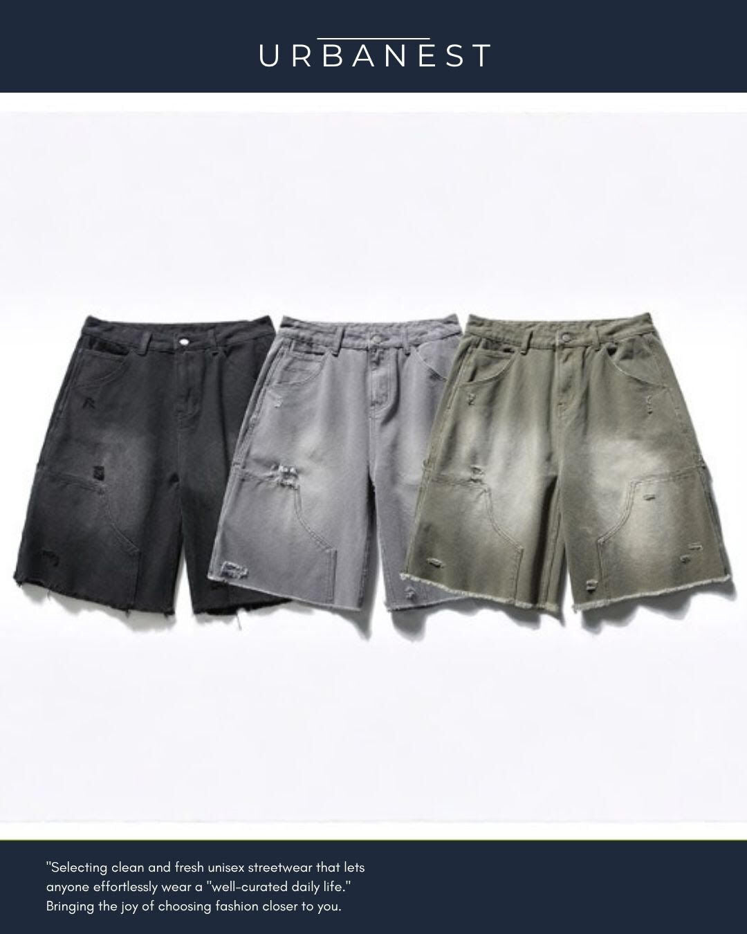 【URBANEST】ダメージ加工ダブルニーカットオフデニムバギーショーツ 3color UN0092