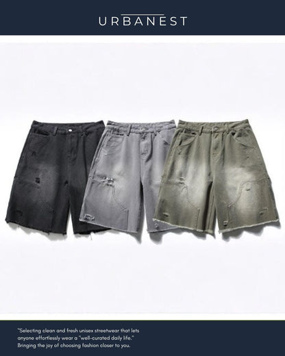 【URBANEST】ダメージ加工ダブルニーカットオフデニムバギーショーツ 3color UN0092
