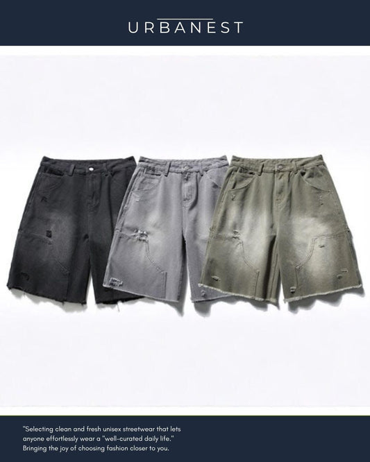 【URBANEST】ダメージ加工ダブルニーカットオフデニムバギーショーツ 3color UN0092
