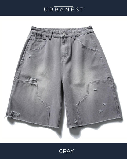 【URBANEST】ダメージ加工ダブルニーカットオフデニムバギーショーツ 3color UN0092