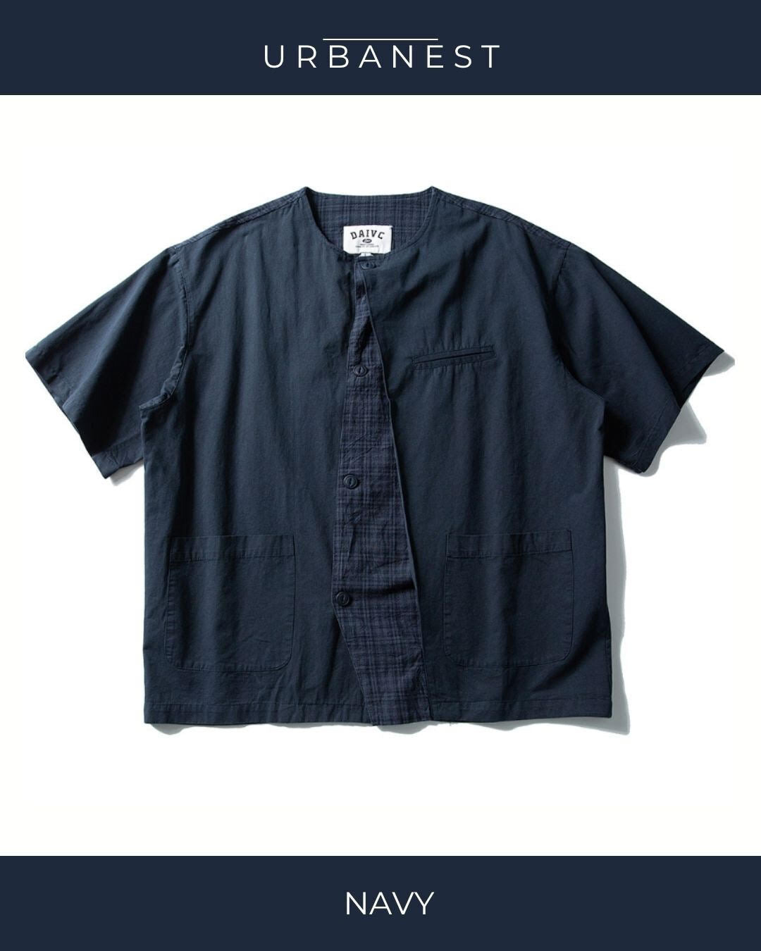 【URBANEST】チェック柄切り替えノーカラー半袖シャツ 2color UN0089