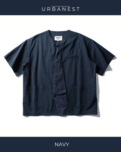 【URBANEST】チェック柄切り替えノーカラー半袖シャツ 2color UN0089