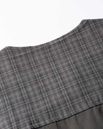 【URBANEST】チェック柄切り替えノーカラー半袖シャツ 2color UN0089
