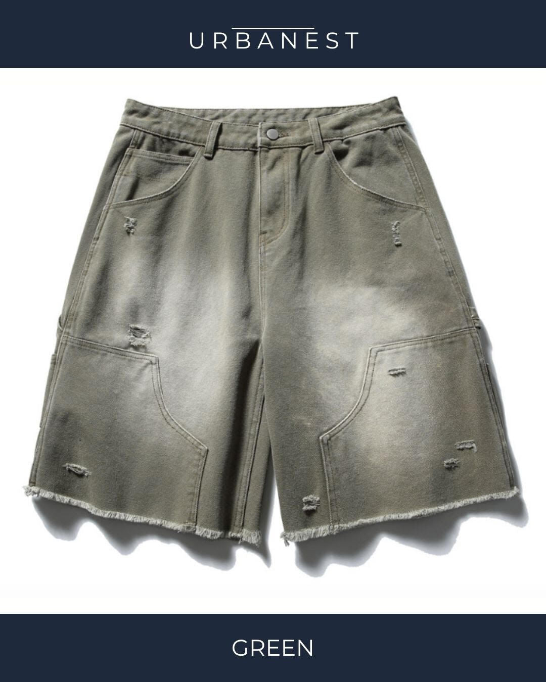 【URBANEST】ダメージ加工ダブルニーカットオフデニムバギーショーツ 3color UN0092