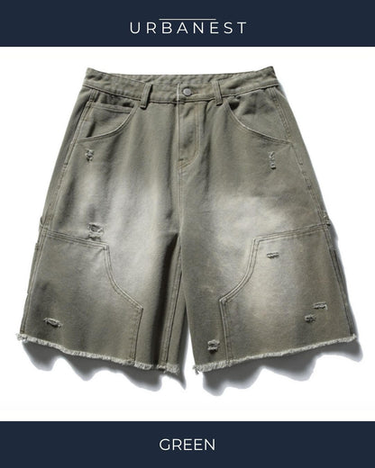 【URBANEST】ダメージ加工ダブルニーカットオフデニムバギーショーツ 3color UN0092