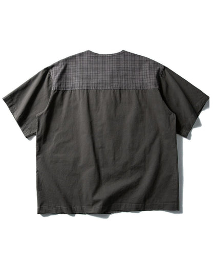【URBANEST】チェック柄切り替えノーカラー半袖シャツ 2color UN0089