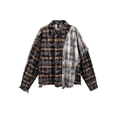 【URBANEST】patchwork plaid raw hem long sleeve shirt 1color 【UN0224】