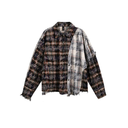 【URBANEST】patchwork plaid raw hem long sleeve shirt 1color 【UN0224】