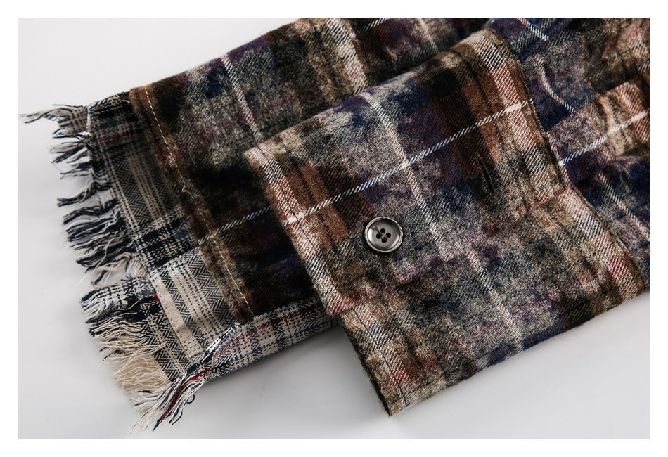 【URBANEST】patchwork plaid raw hem long sleeve shirt 1color 【UN0224】