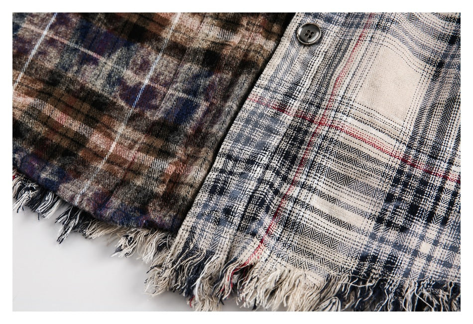 【URBANEST】patchwork plaid raw hem long sleeve shirt 1color 【UN0224】