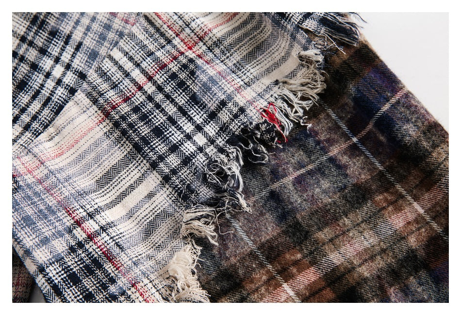 【URBANEST】patchwork plaid raw hem long sleeve shirt 1color 【UN0224】