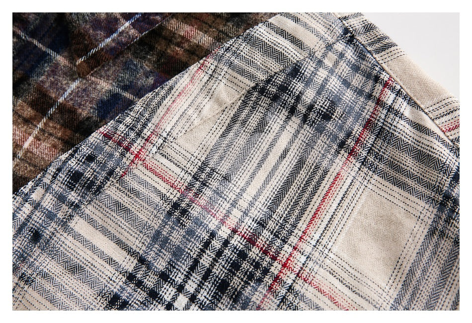 【URBANEST】patchwork plaid raw hem long sleeve shirt 1color 【UN0224】