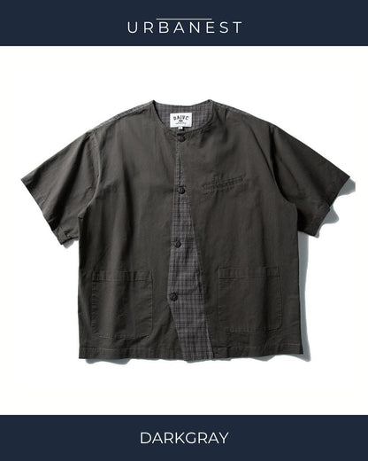【URBANEST】チェック柄切り替えノーカラー半袖シャツ 2color UN0089