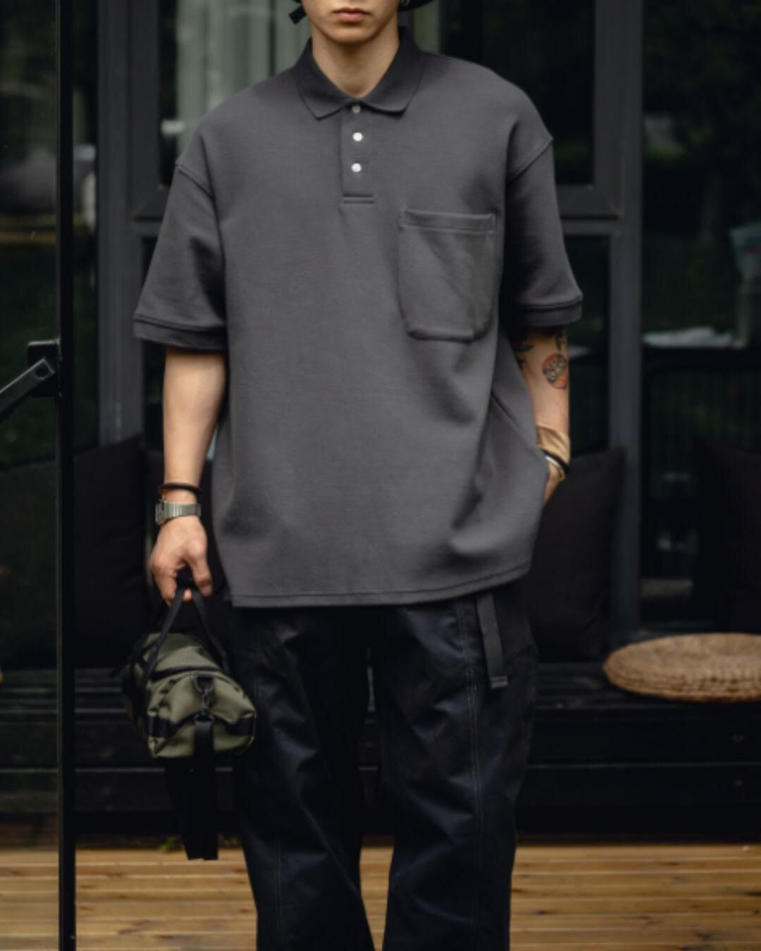 【URBANEST】オーバーサイズ3ボタン胸ポケット半袖ポロシャツ 4color UN0081