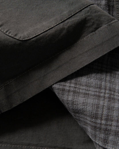 【URBANEST】チェック柄切り替えノーカラー半袖シャツ 2color UN0089