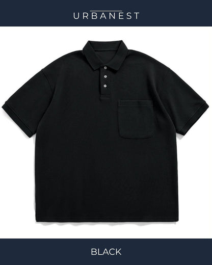 【URBANEST】オーバーサイズ3ボタン胸ポケット半袖ポロシャツ 4color UN0081