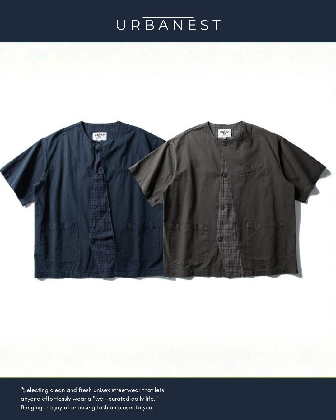 【URBANEST】チェック柄切り替えノーカラー半袖シャツ 2color UN0089