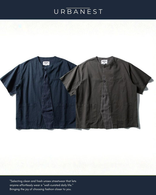 【URBANEST】チェック柄切り替えノーカラー半袖シャツ 2color UN0089